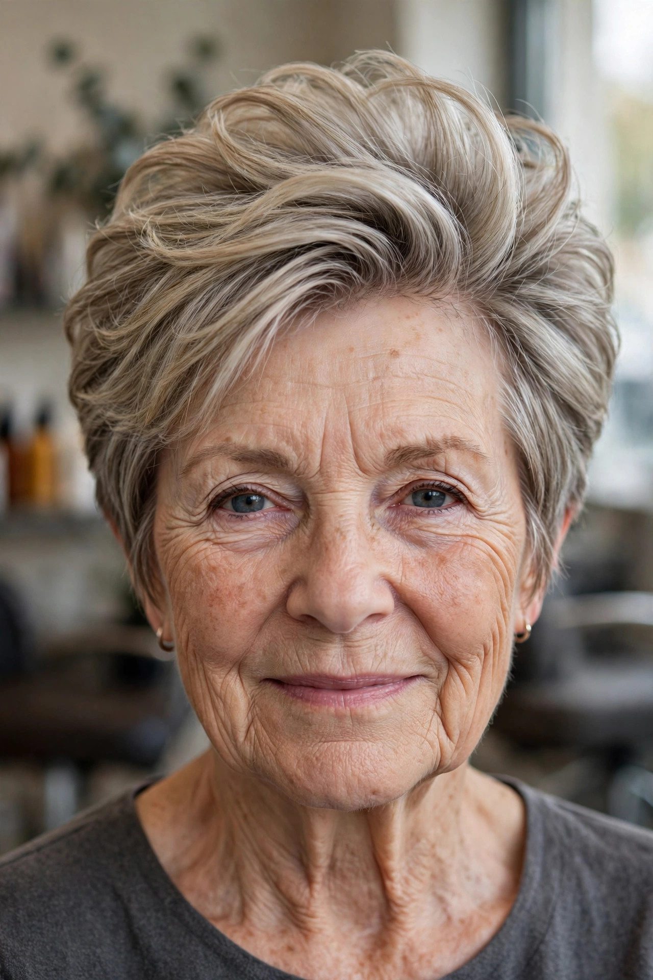 Layered Pixie-Bob with Long Top Layers - layered haircut with crown lift on a woman over 60