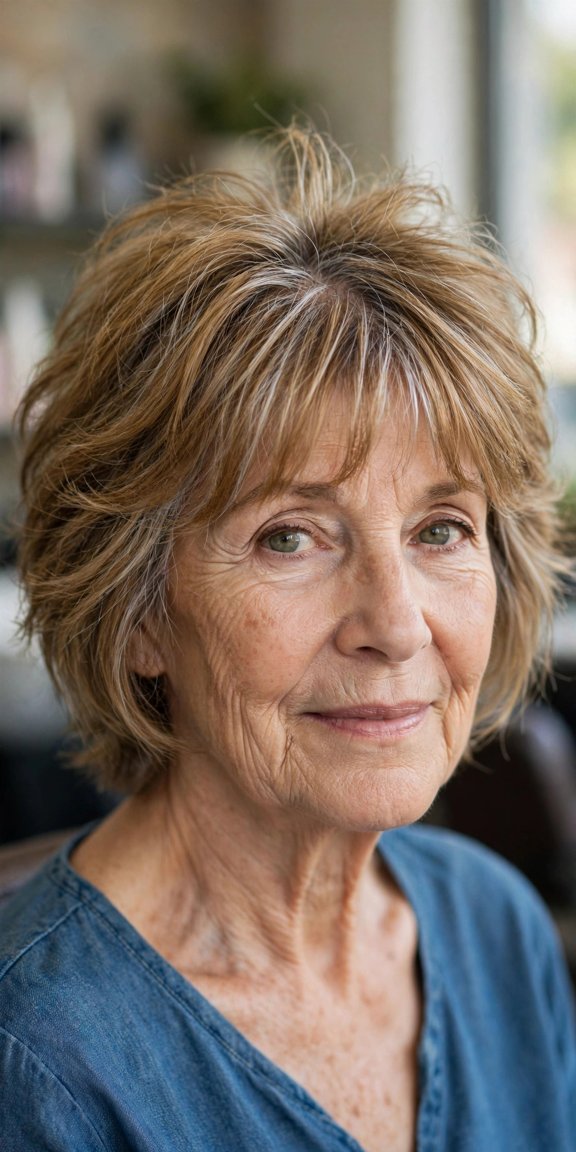 Soft Shag with a Feathered Fringe - layered haircut with crown lift on a woman over 60