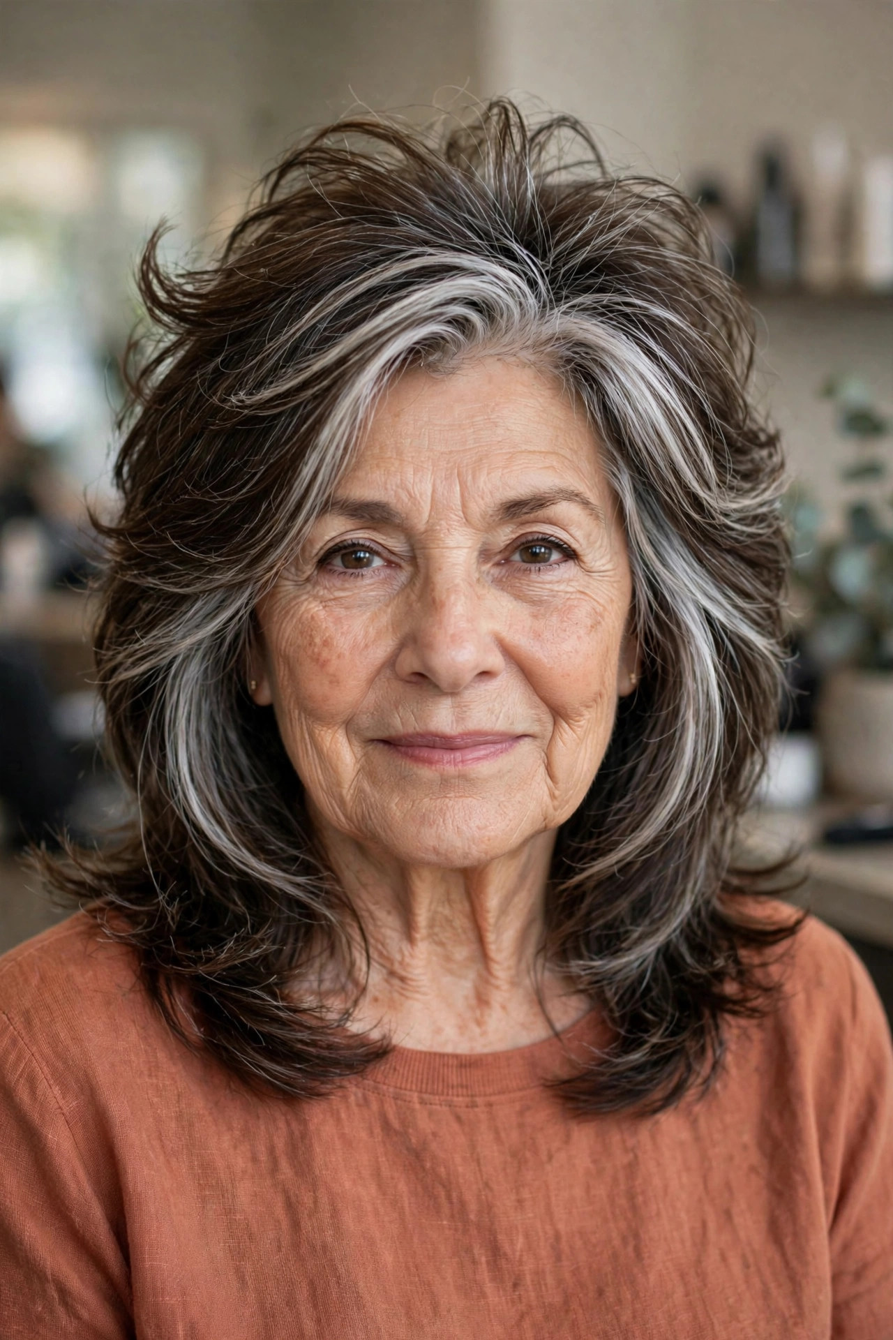 Thick-Hair Layers with Weight Removed Low, Lift on Top - layered haircut with crown lift on a woman over 60