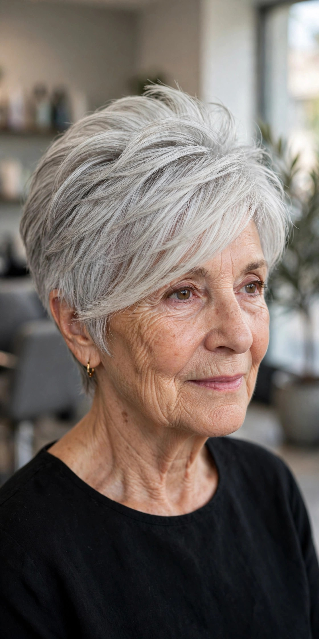 Silver Crop with a Side-Swept Fringe - layered haircut with crown lift on a woman over 60