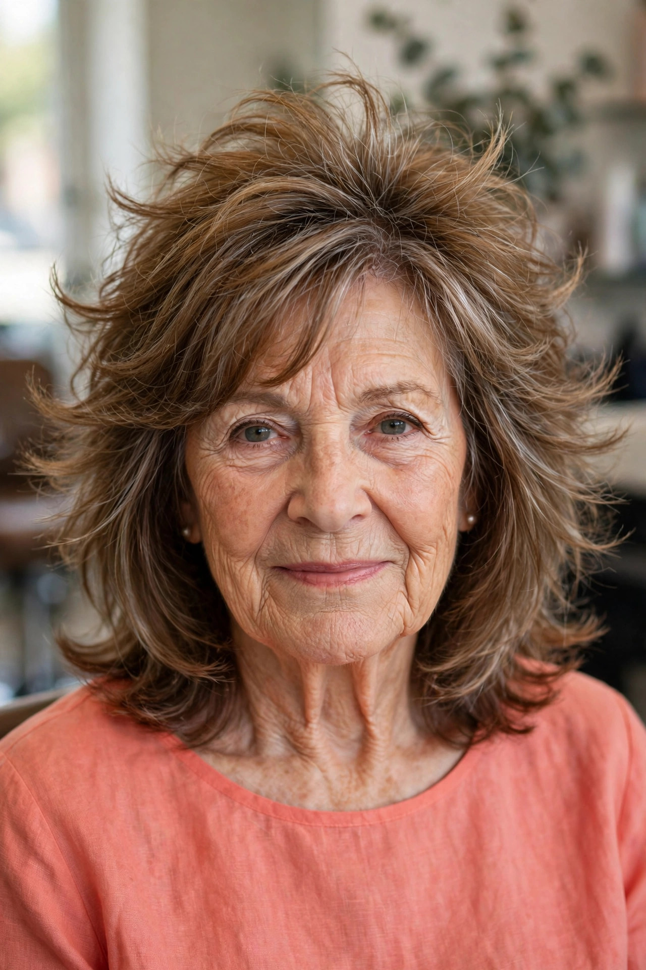 Medium Layers with Flippy Feathered Ends - layered haircut with crown lift on a woman over 60
