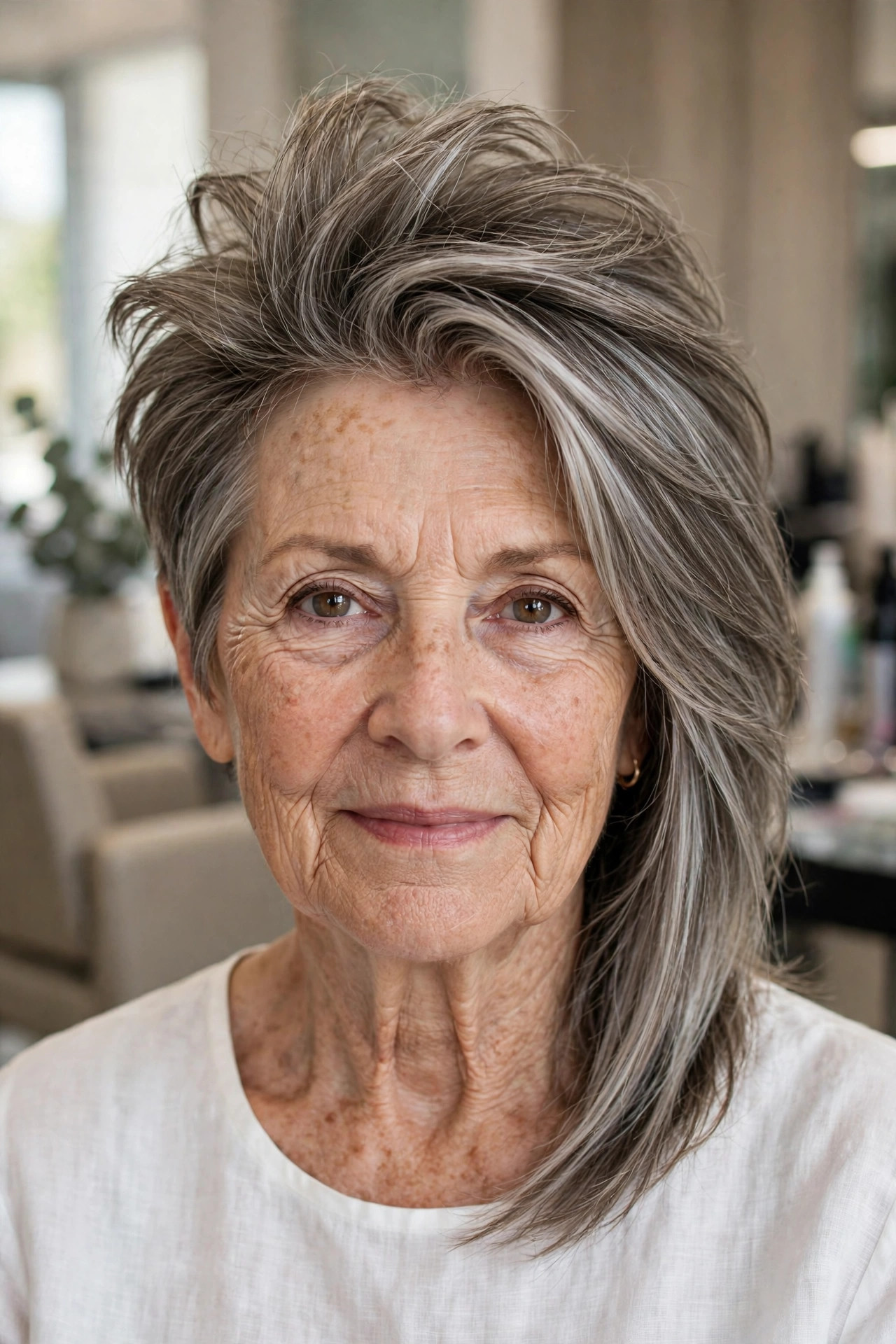 Asymmetric Layered Bob with a Built-Up Crown - layered haircut with crown lift on a woman over 60