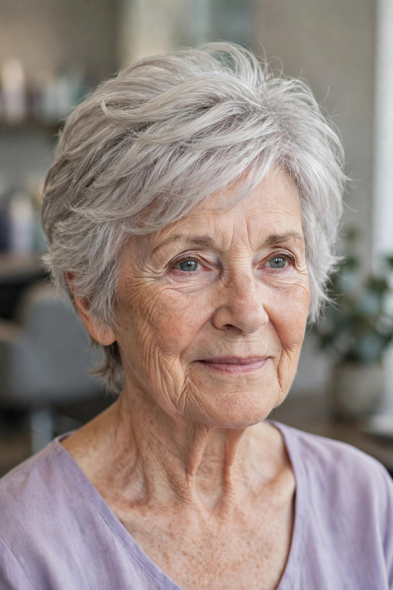 Grown-Out Pixie with Soft Crown Layers - layered haircut with crown lift on a woman over 60