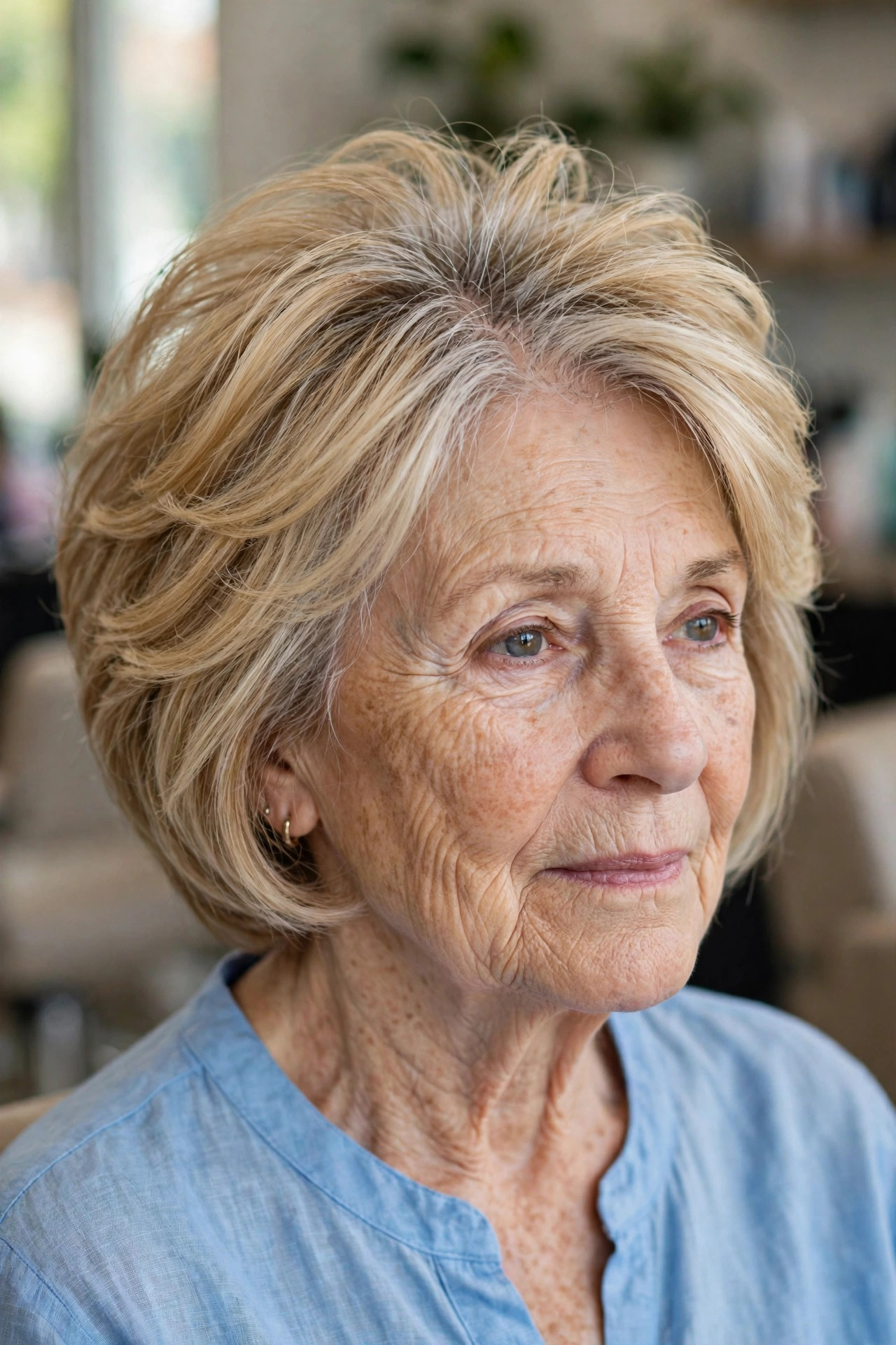 Blended Top Layers for a Fuller-Looking Crown - layered haircut with crown lift on a woman over 60