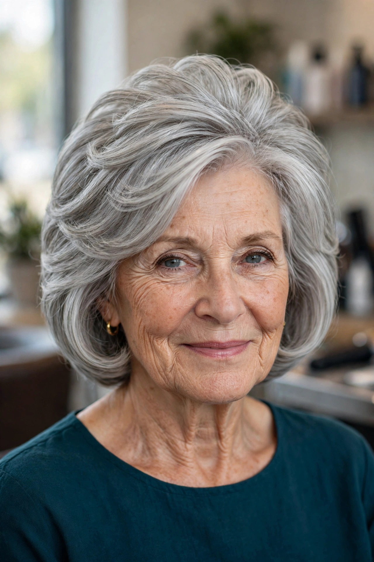 Modern Rounded Layers with a Lifted Dome - layered haircut with crown lift on a woman over 60