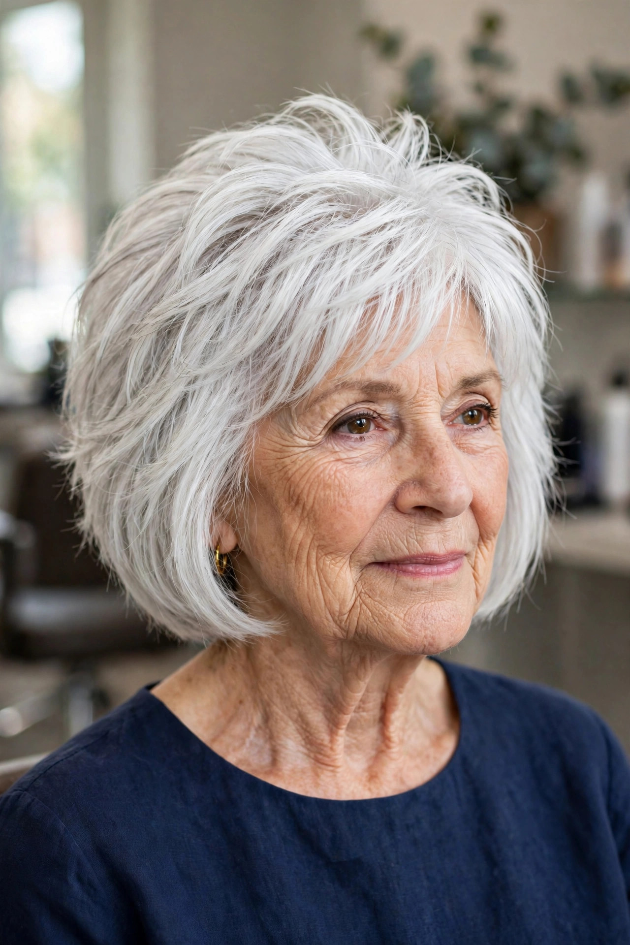 Chin-Length Bob with Short Crown Layers Only - layered haircut with crown lift on a woman over 60