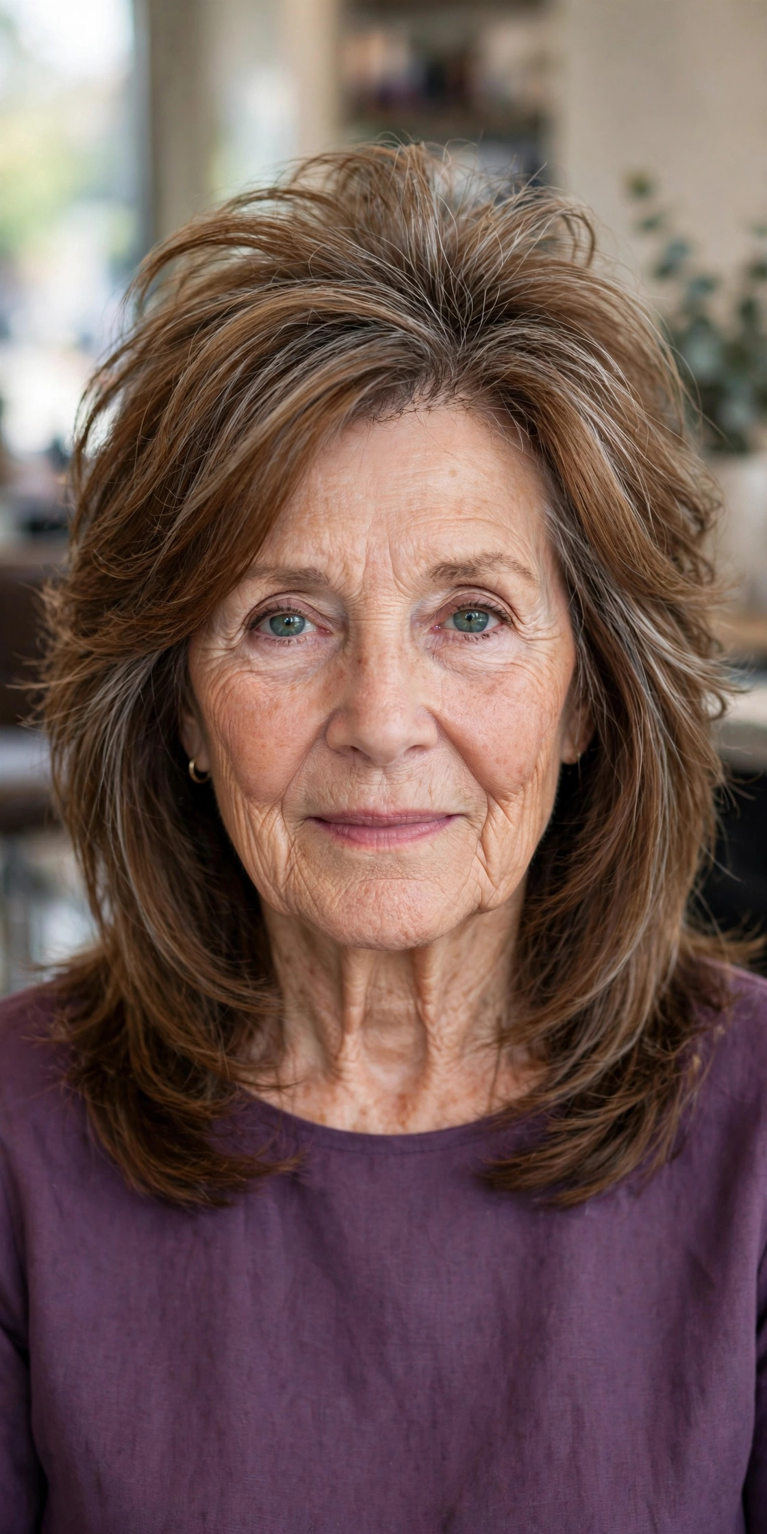 Long Layers That Start at the Crown - layered haircut with crown lift on a woman over 60
