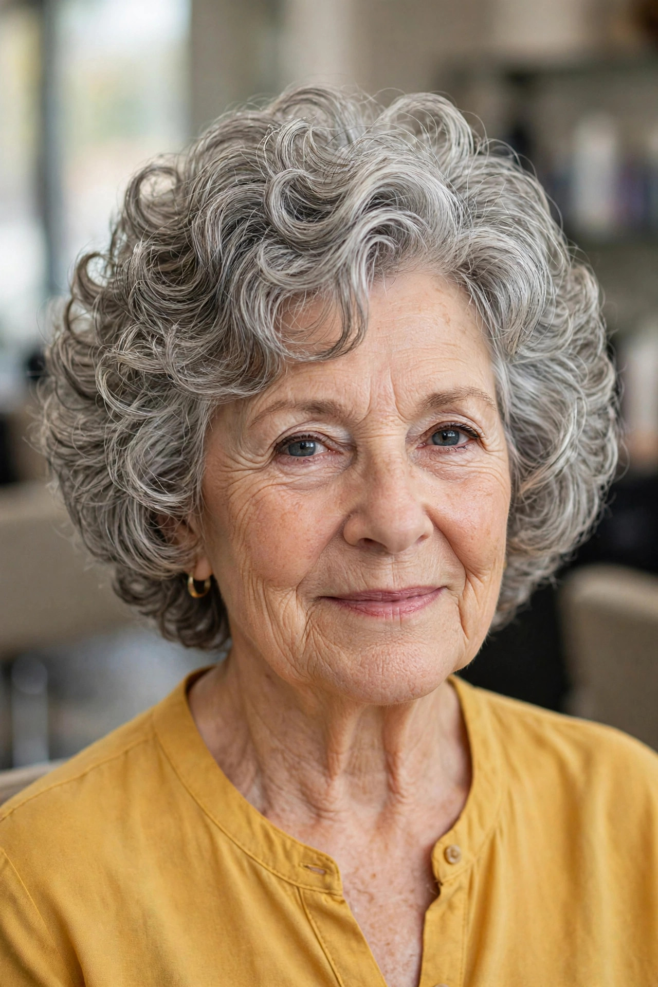 Curly Layers with Rounded Top Layers - layered haircut with crown lift on a woman over 60