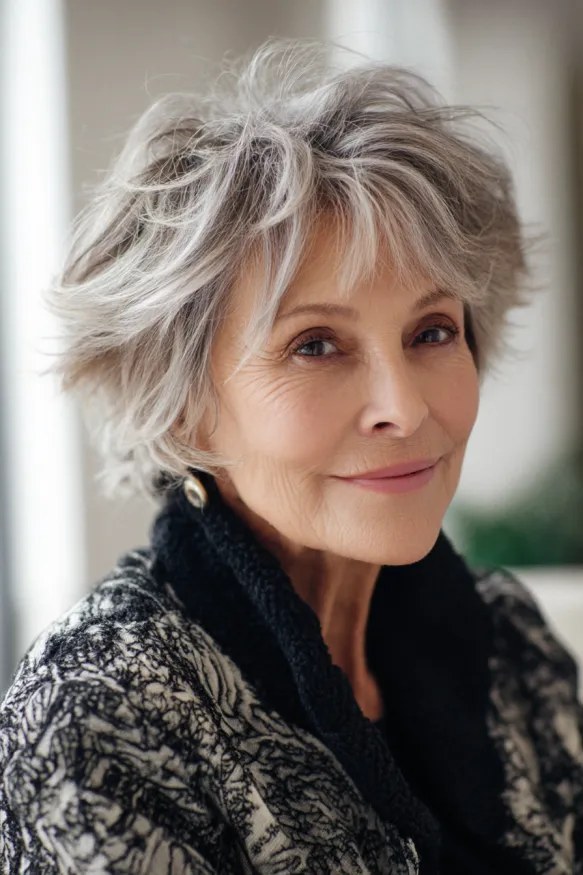 The Shaggy Layered Crop With Feathered Ends — layered haircut that slims a round face on a woman over 70
