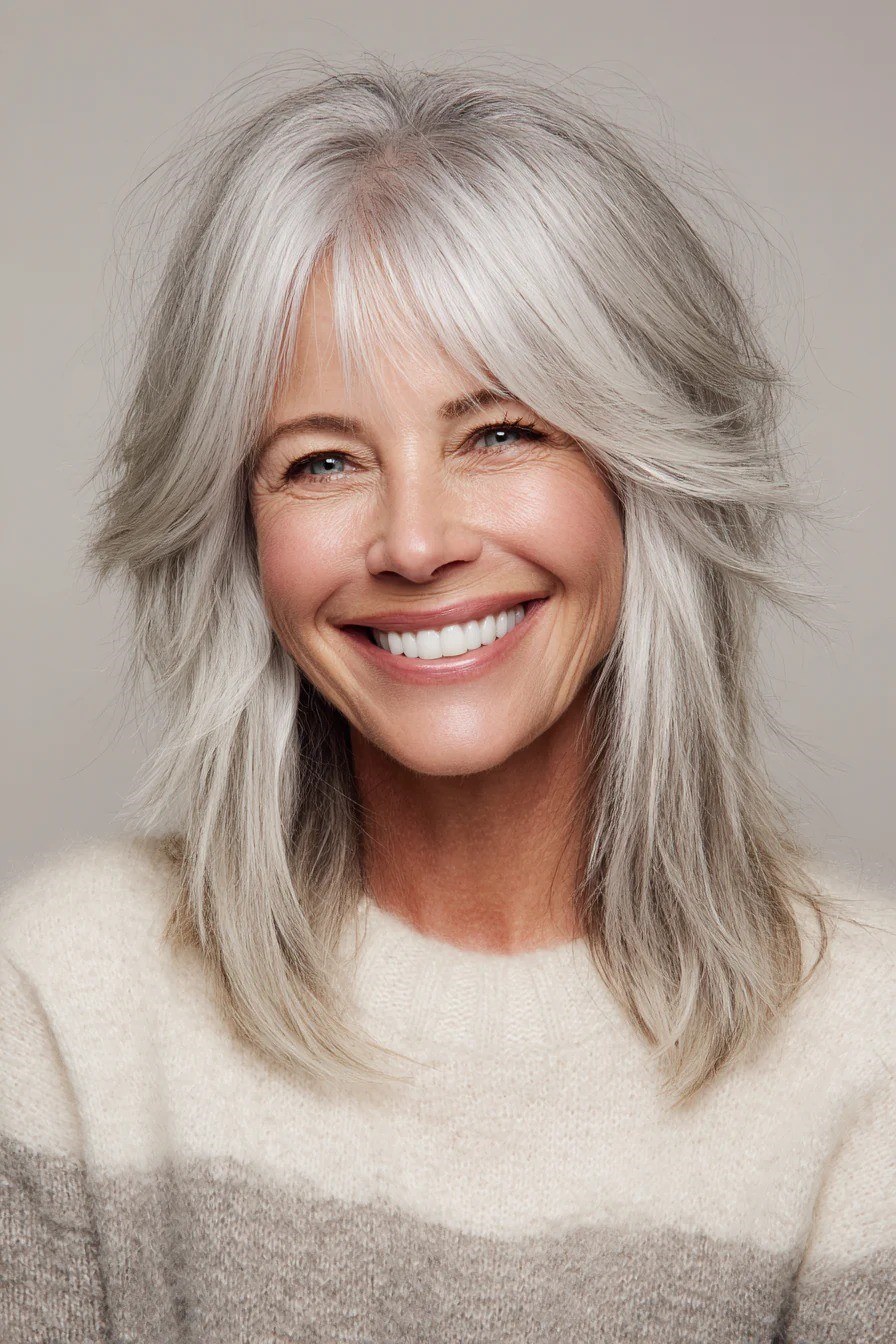 Long Silver Layers With a Feathered Fringe — layered haircut that slims a round face on a woman over 70