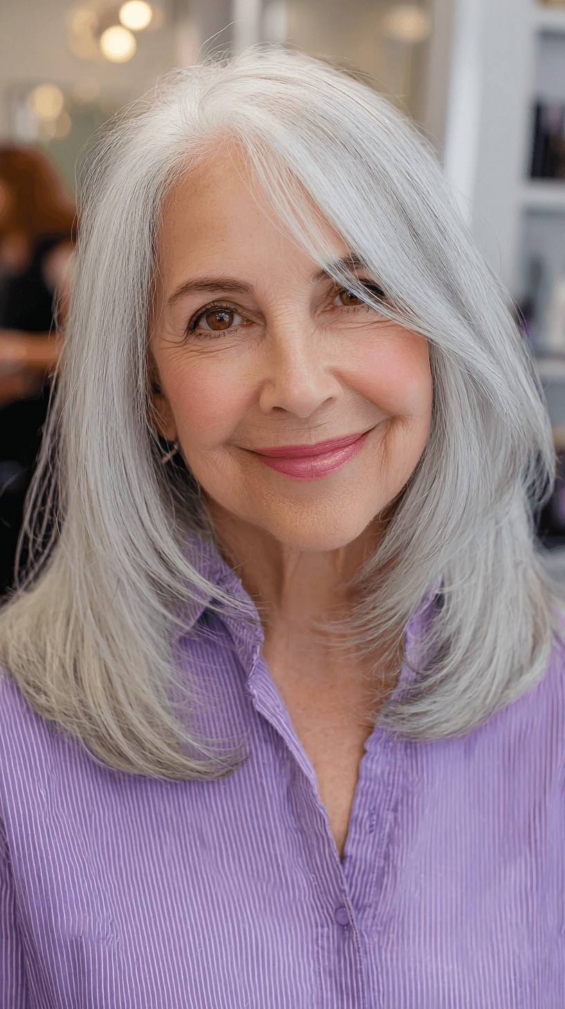 Long Gray Layers That Fall Past the Shoulders — layered haircut that slims a round face on a woman over 70