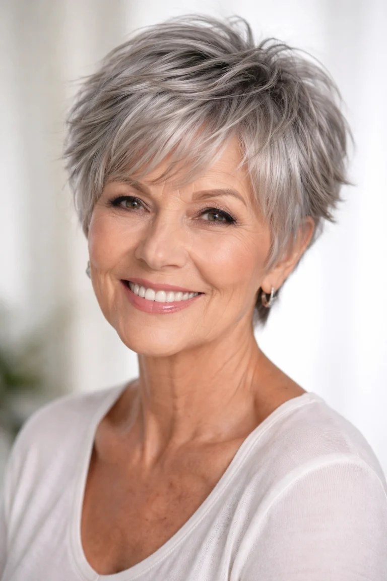 The Choppy Layered Pixie With Texture on Top — layered haircut that slims a round face on a woman over 70