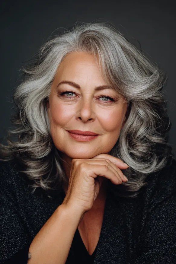 Long Wavy Layers in Bright Silver — layered haircut that slims a round face on a woman over 70