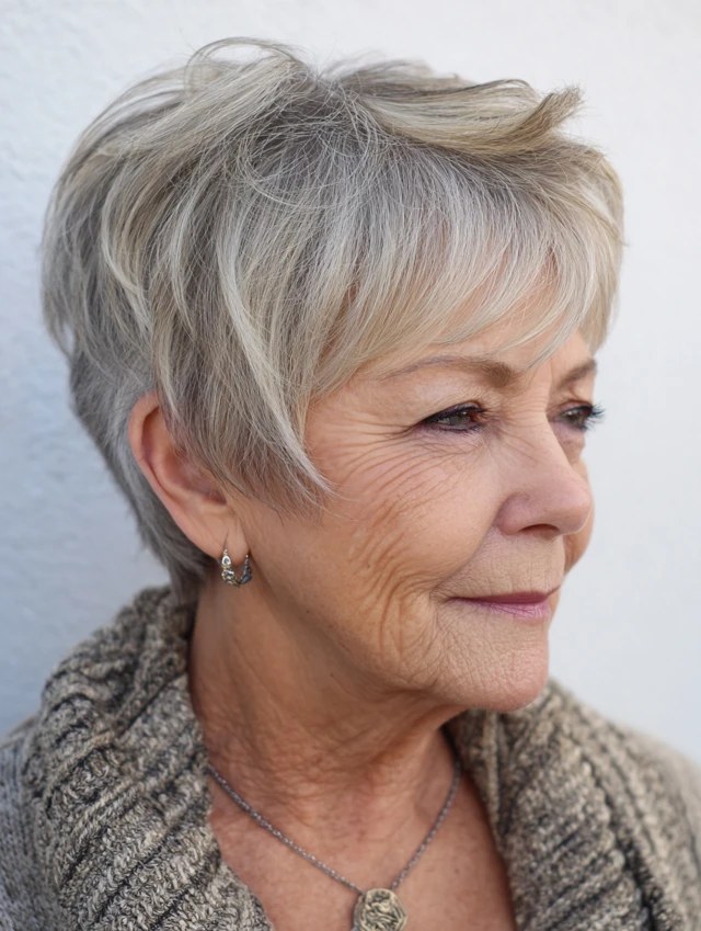 The Layered Pixie With a Side-Swept Top — layered haircut that slims a round face on a woman over 70