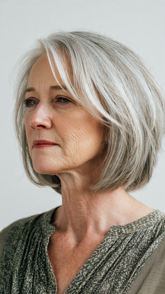 The Layered Bob With a Soft Side Part — layered haircut that slims a round face on a woman over 70