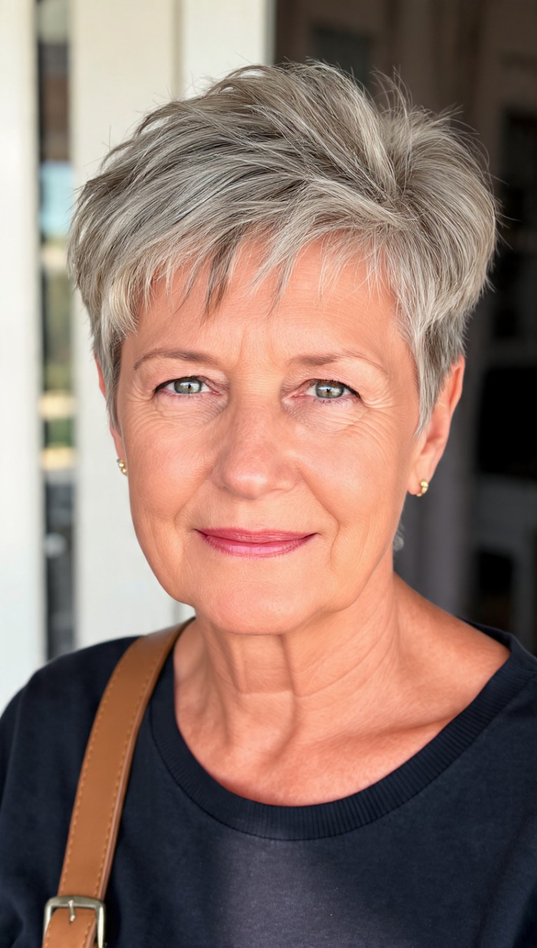Choppy Pixie Layers in Salt-and-Pepper — layered haircut that slims a round face on a woman over 70