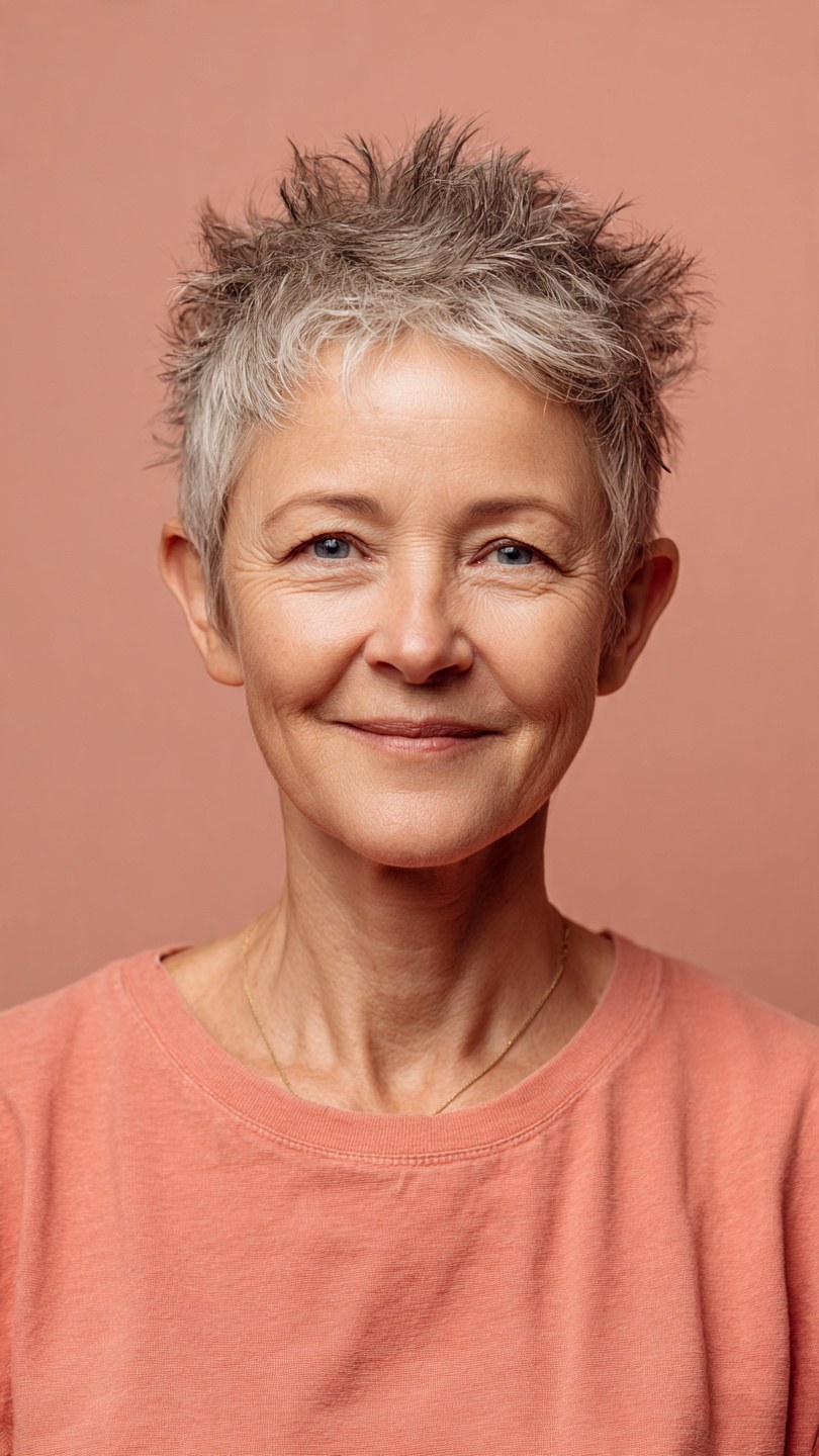 The Textured Pixie Layers With a Soft Spike — layered haircut that slims a round face on a woman over 70