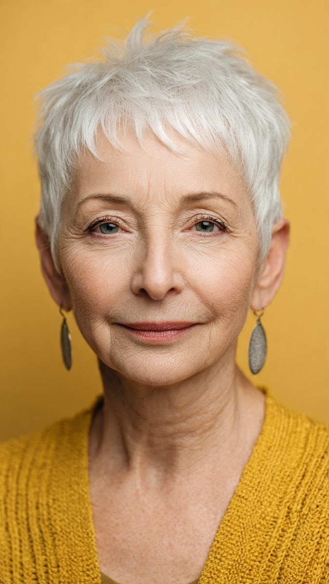 The White Layered Pixie With a Wispy Fringe — layered haircut that slims a round face on a woman over 70