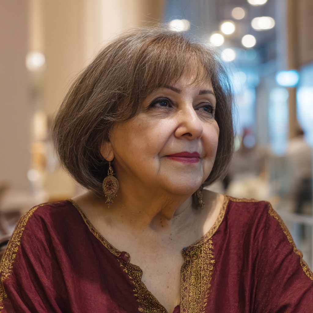 The Rounded Brown Bob With Soft Layers — layered haircut that slims a round face on a woman over 70