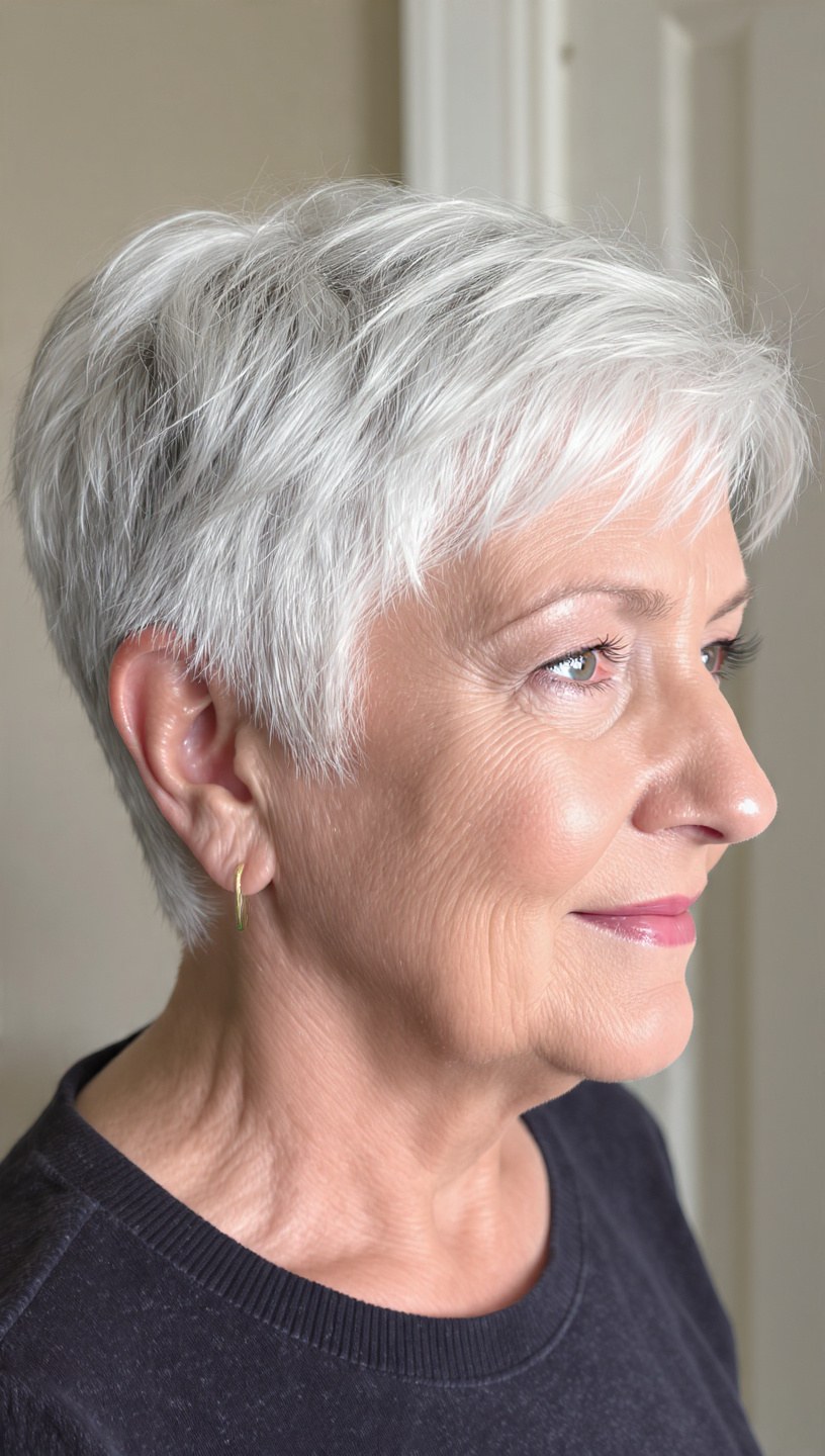 The Layered White Pixie in a Clean Profile — layered haircut that slims a round face on a woman over 70