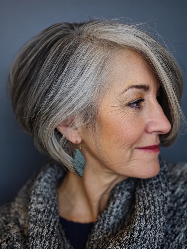 The Asymmetric Layered Bob With a Long Front — layered haircut that slims a round face on a woman over 70