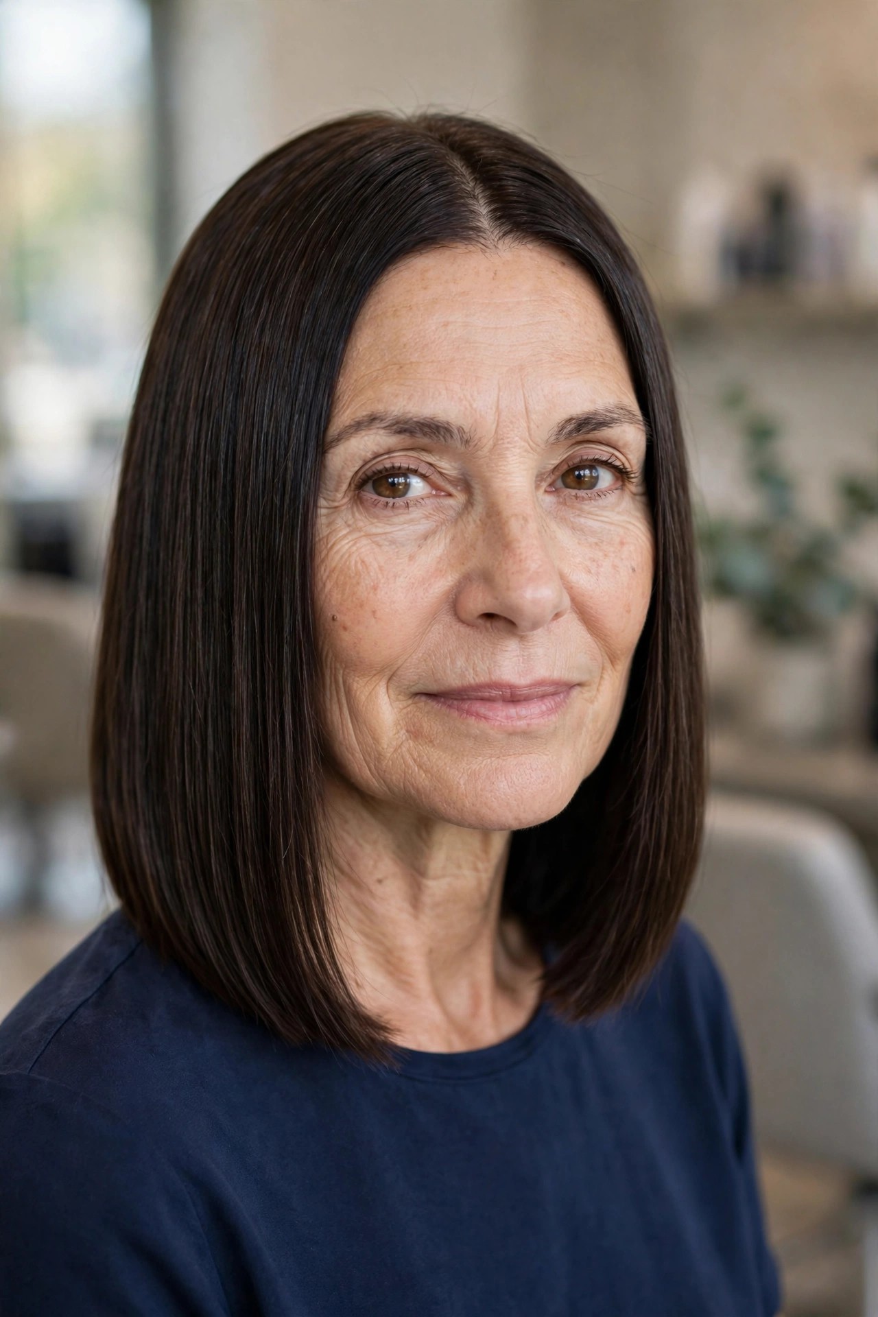Sleek Blunt Lob - collarbone length lob haircut on a woman over 50