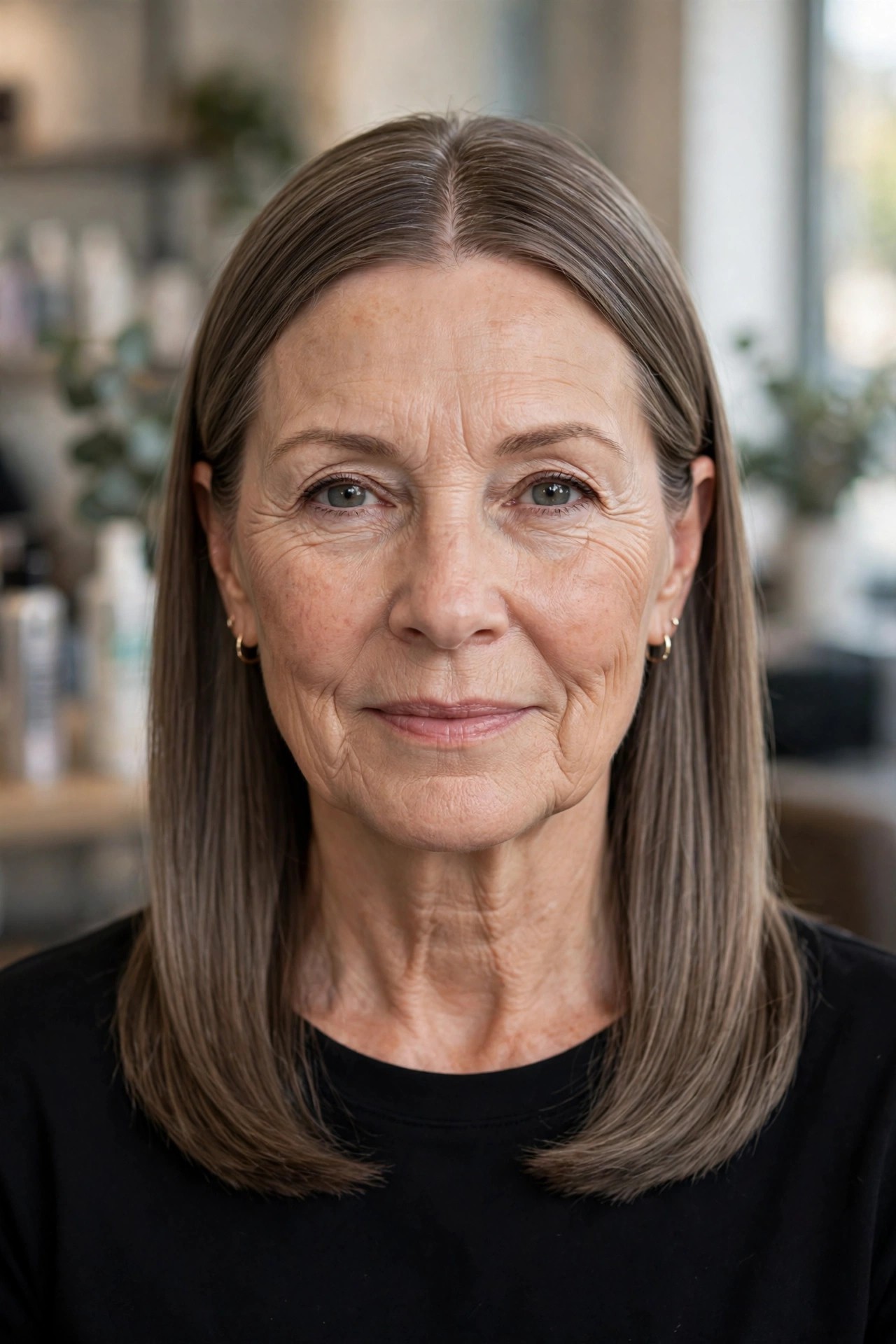 Center-Part Polished Lob - collarbone length lob haircut on a woman over 50