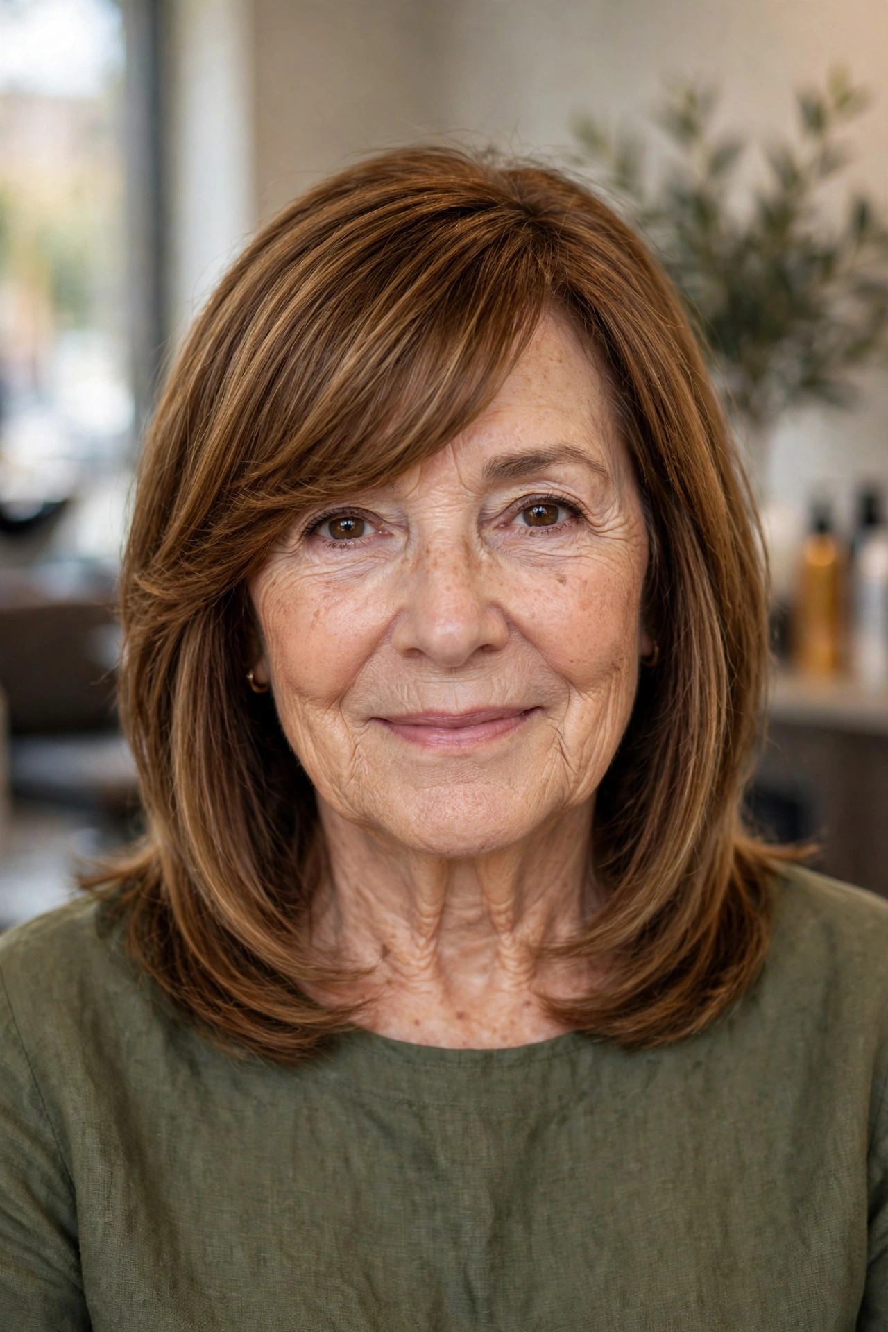 Lob with Side-Swept Bangs - collarbone length lob haircut on a woman over 50