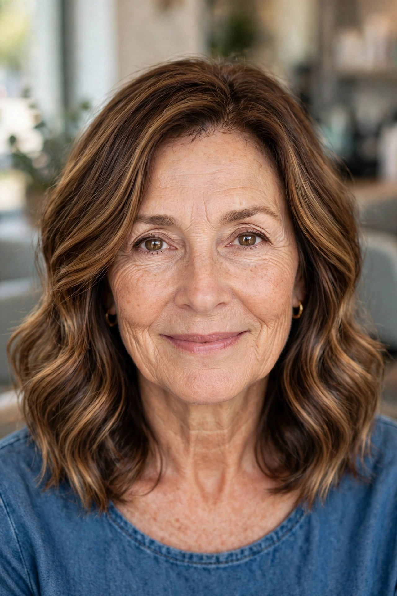 Wavy Lob with Caramel Balayage - collarbone length lob haircut on a woman over 50