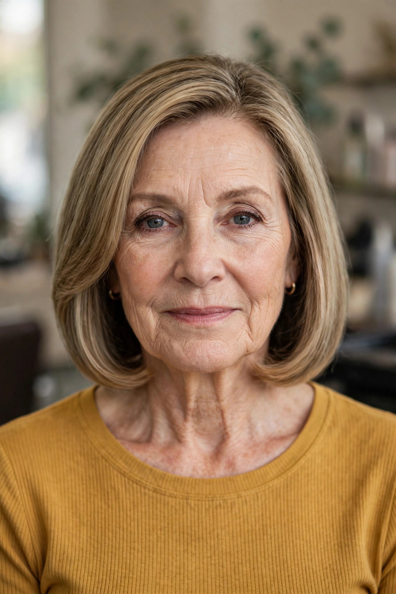 Straight Lob with Beveled Ends - collarbone length lob haircut on a woman over 50