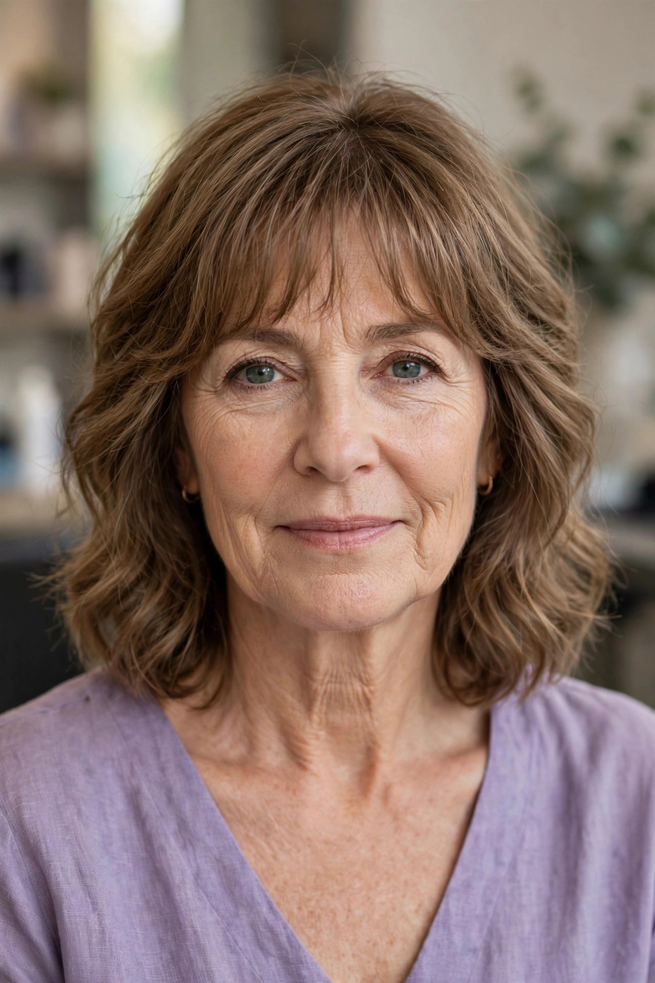 Lob with Wispy Bangs - collarbone length lob haircut on a woman over 50