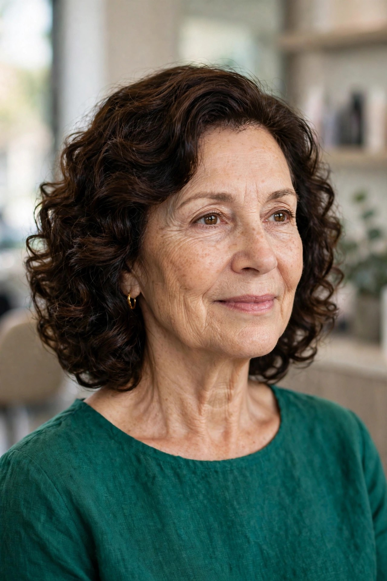 Curly Polished Lob - collarbone length lob haircut on a woman over 50