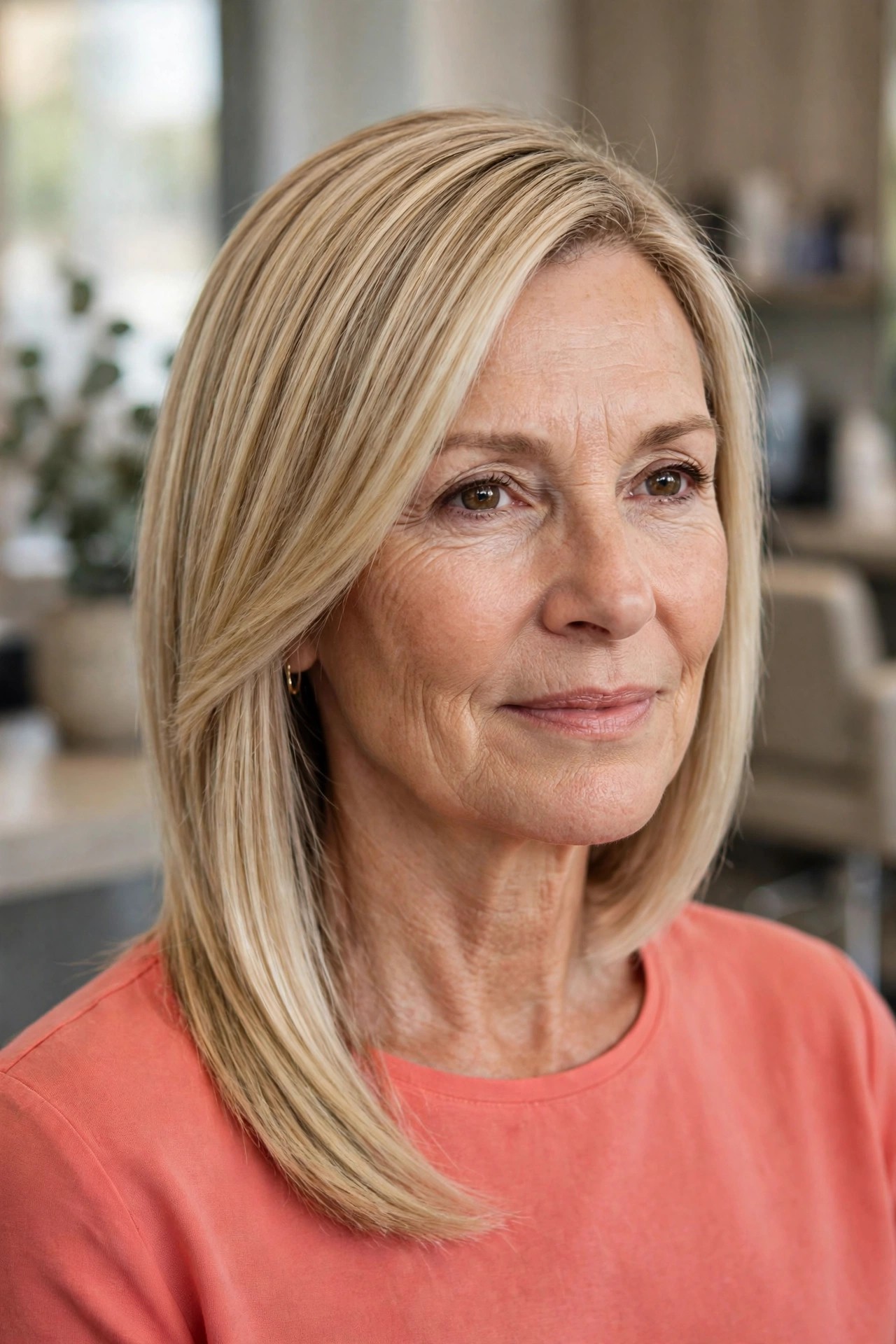 Asymmetrical Lob - collarbone length lob haircut on a woman over 50