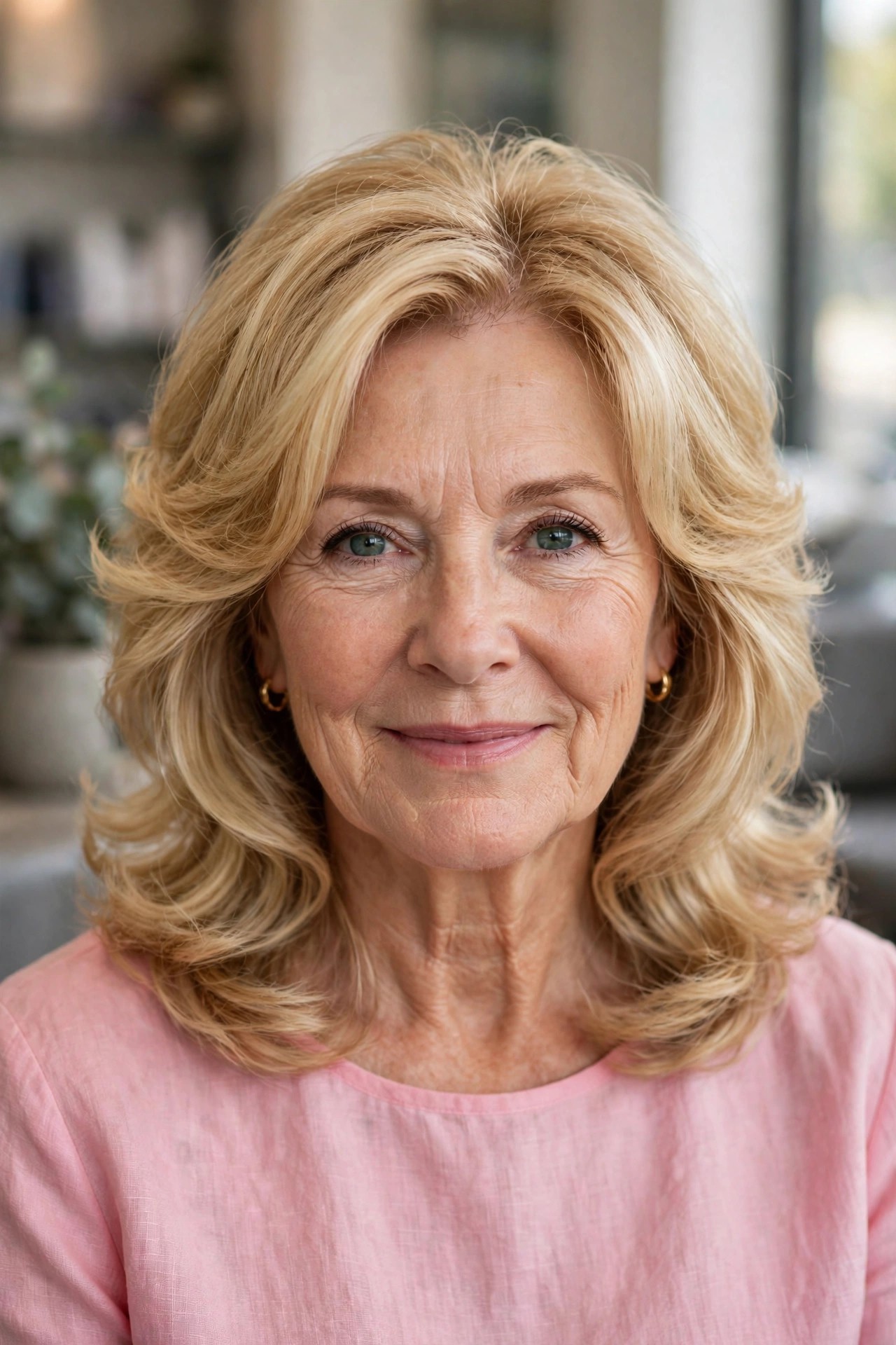 Lob with Curtain Layers and a Bouncy Blowout - collarbone length lob haircut on a woman over 50