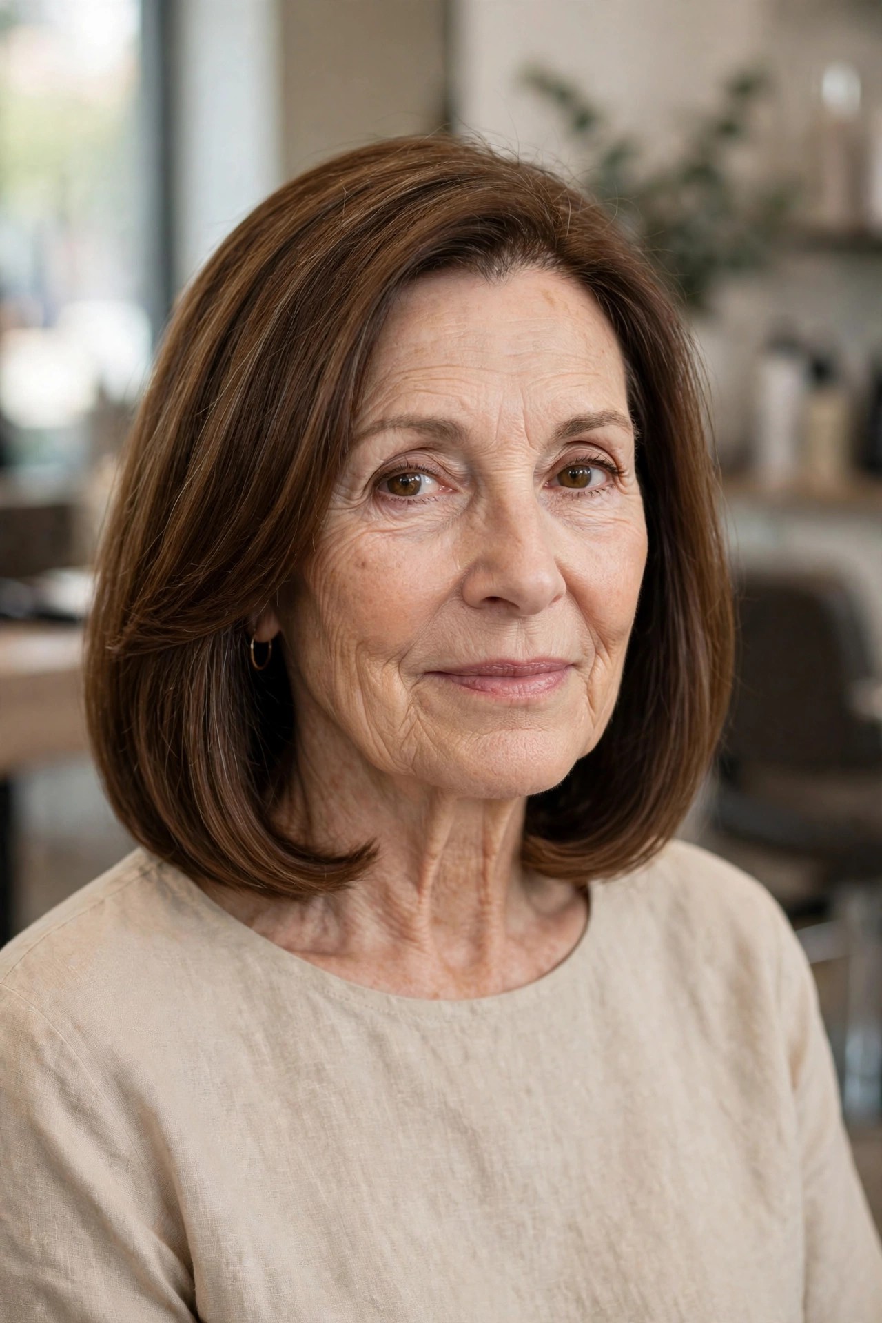 Classic Collarbone Lob in Warm Brunette - collarbone length lob haircut on a woman over 50