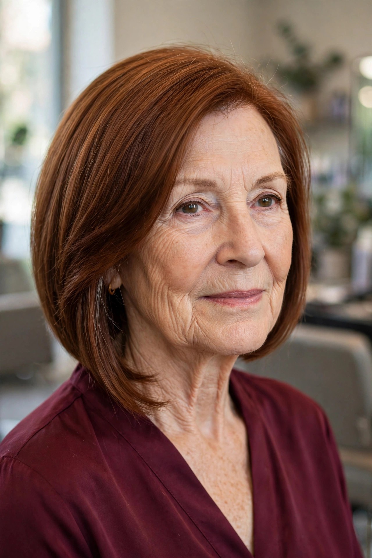 Angled Lob, Longer in Front - collarbone length lob haircut on a woman over 50