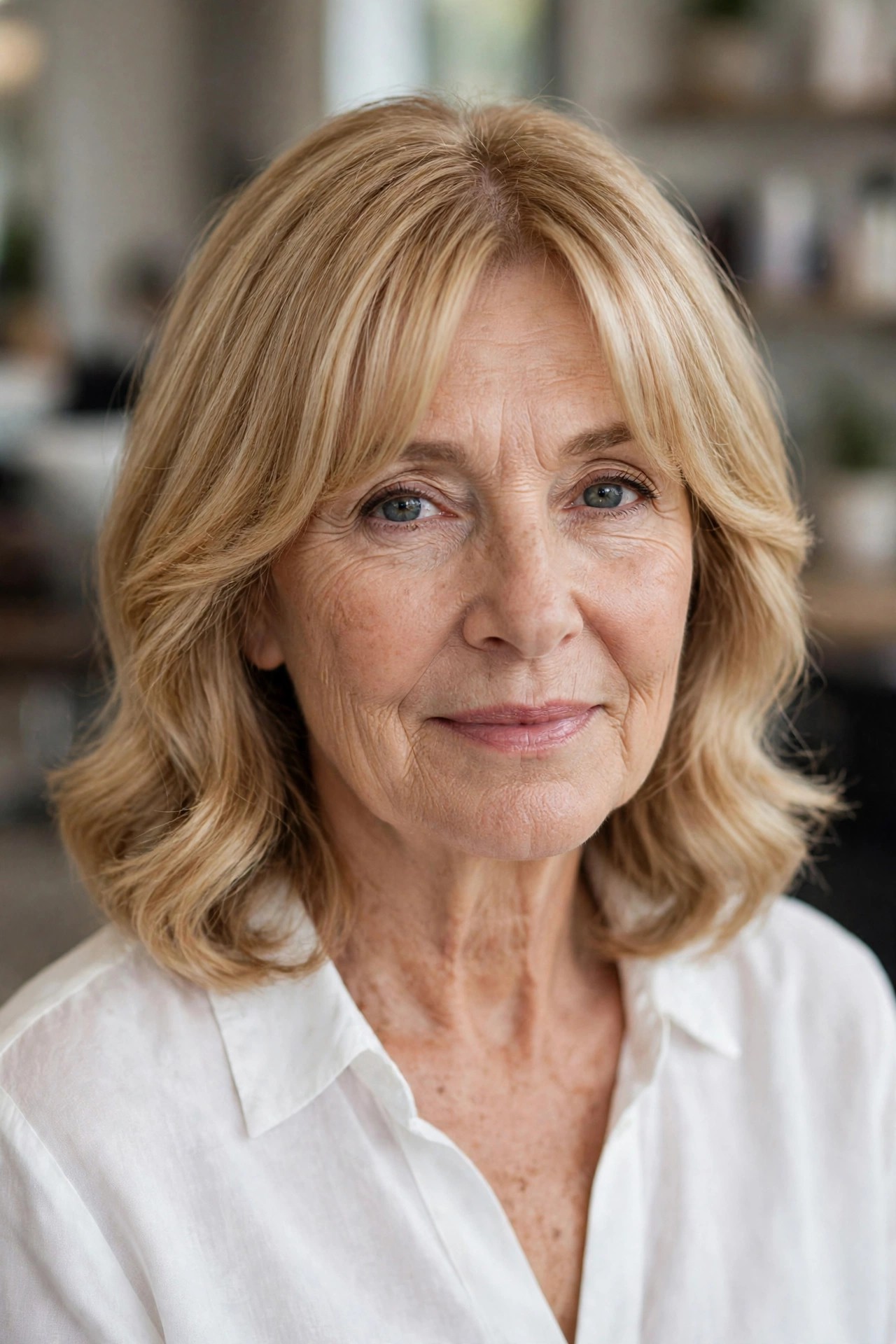 Lob with Curtain Bangs - collarbone length lob haircut on a woman over 50