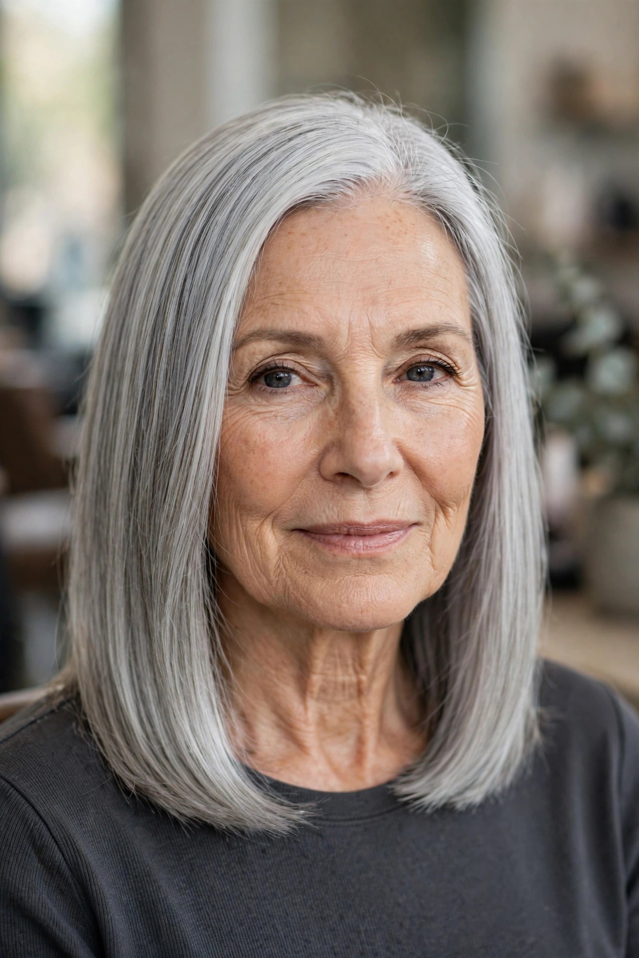 Silver Lob - collarbone length lob haircut on a woman over 50