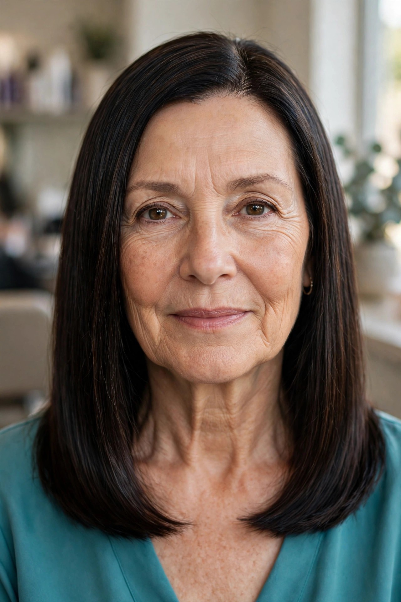 One-Length Glass Lob - collarbone length lob haircut on a woman over 50