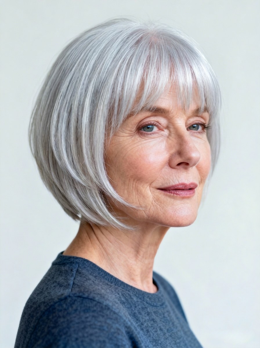The Snow-White Pageboy Bob With a Fringe — width-adding haircut for a long narrow face on a woman over 70