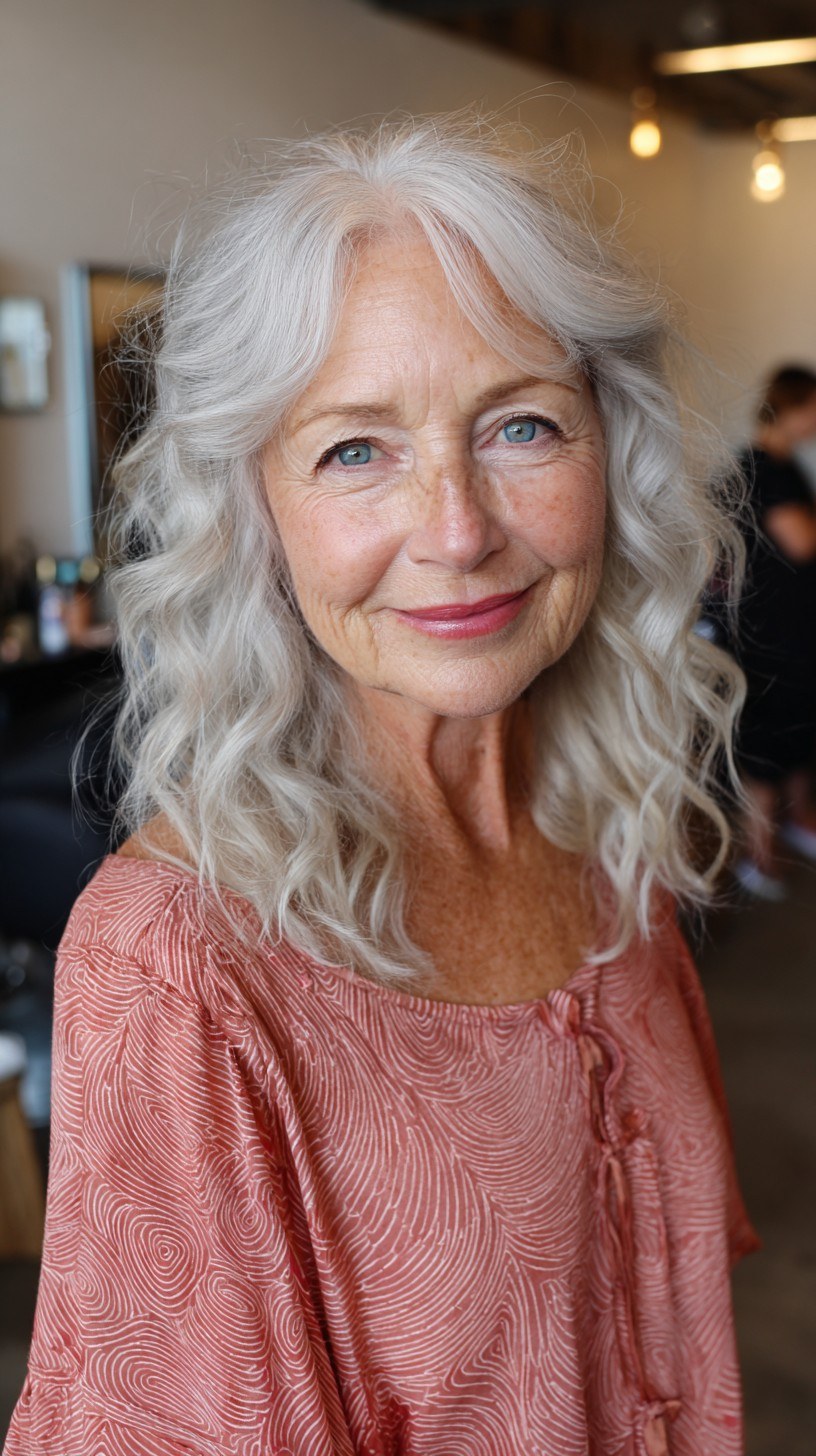 The White Curly Shoulder Cut With Joyful Volume — width-adding haircut for a long narrow face on a woman over 70