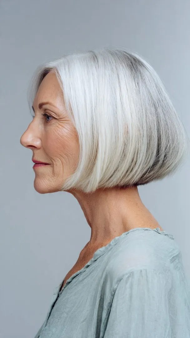 The Blunt Chin-Length Bob in Profile — width-adding haircut for a long narrow face on a woman over 70