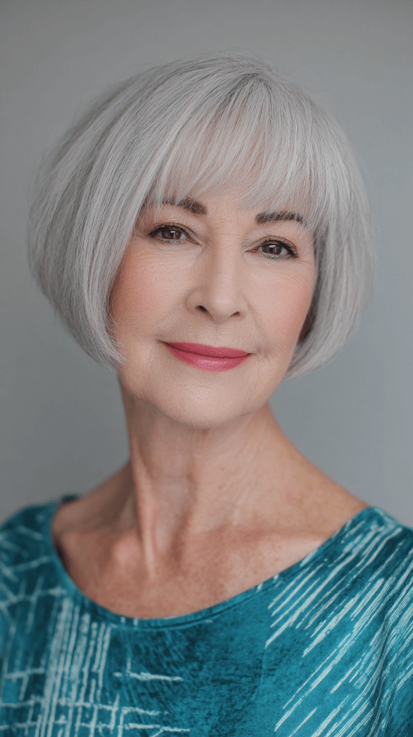 The White Bob With a Soft Blunt Fringe — width-adding haircut for a long narrow face on a woman over 70