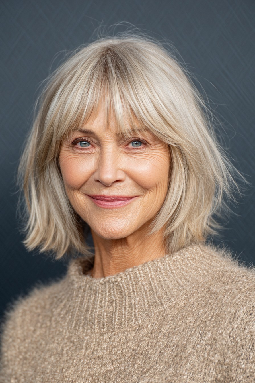 The Blonde Bob With a Feathered Fringe — width-adding haircut for a long narrow face on a woman over 70