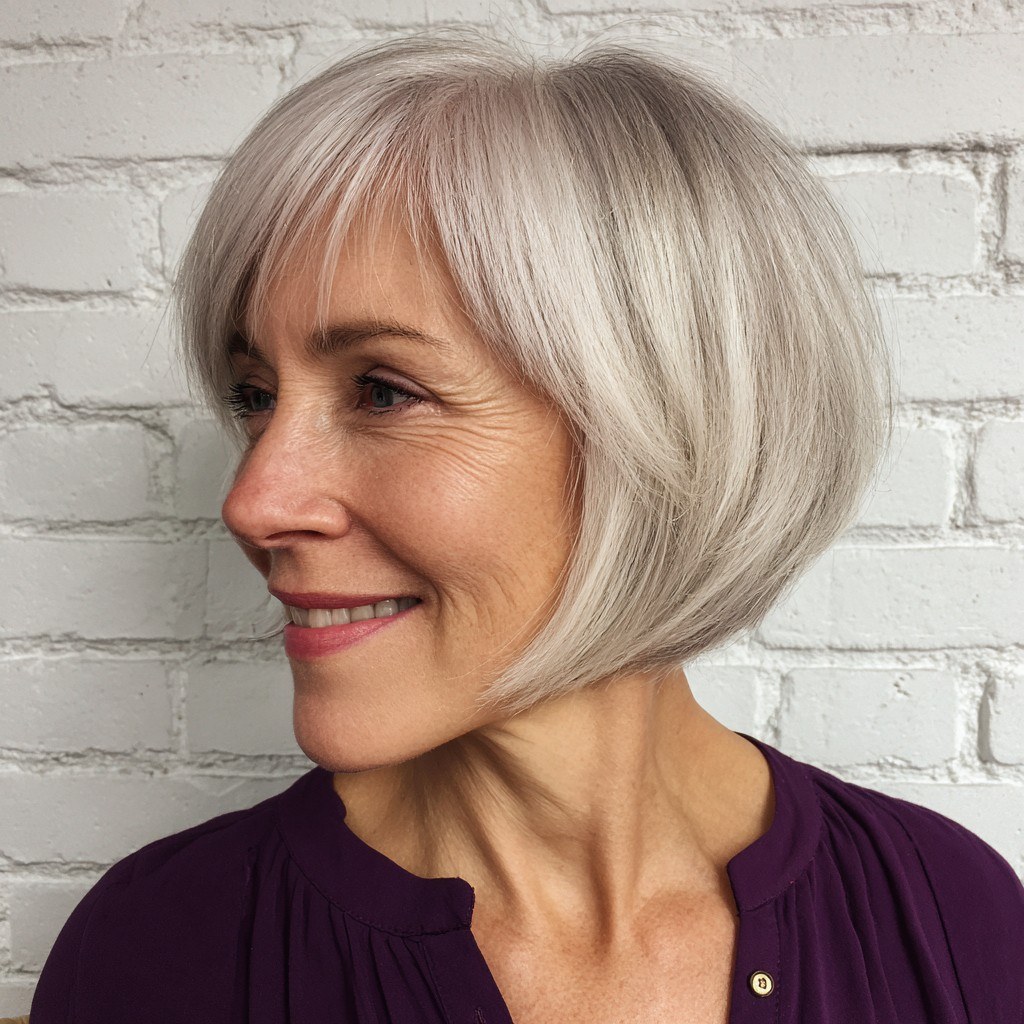 The Angled Bob With a Fringe, Against Brick — width-adding haircut for a long narrow face on a woman over 70