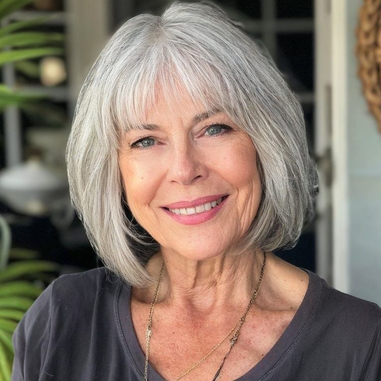 The Silver Bob With a Curtain Fringe — width-adding haircut for a long narrow face on a woman over 70