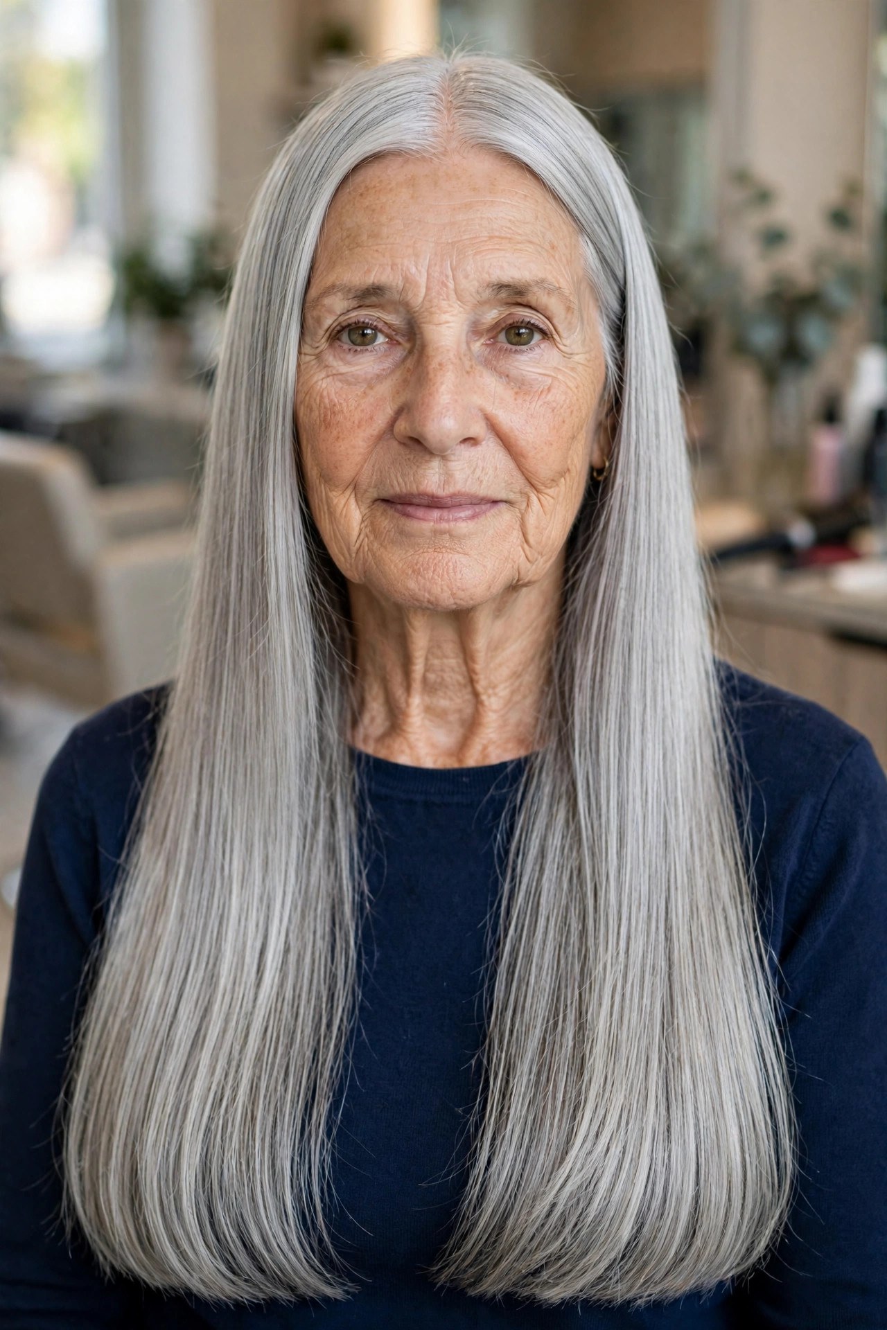 Sleek Straight Silver Lengths with a Center Part - long gray hairstyle for a woman over 60