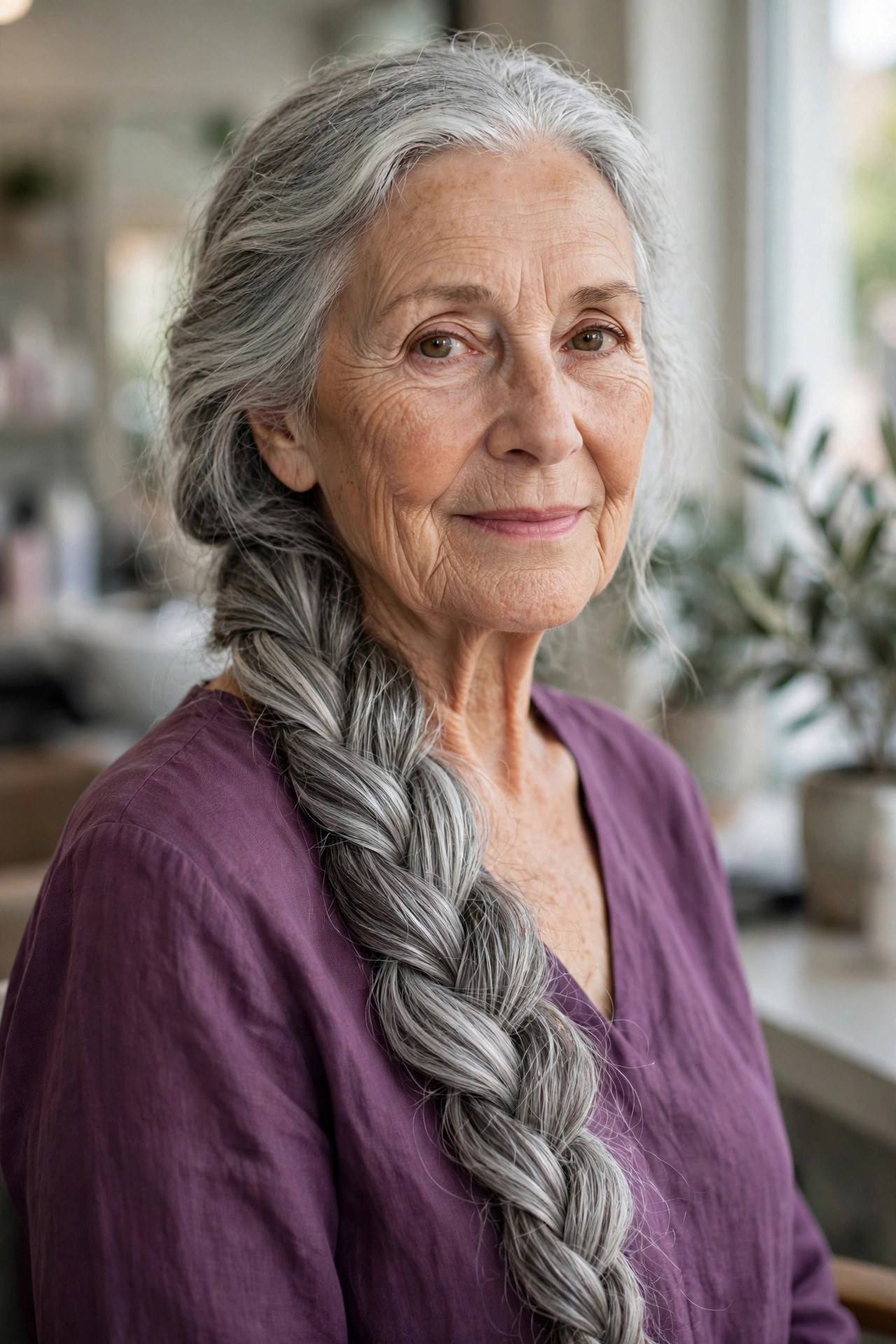 Loose Side Braid in Silver Gray - long gray hairstyle for a woman over 60