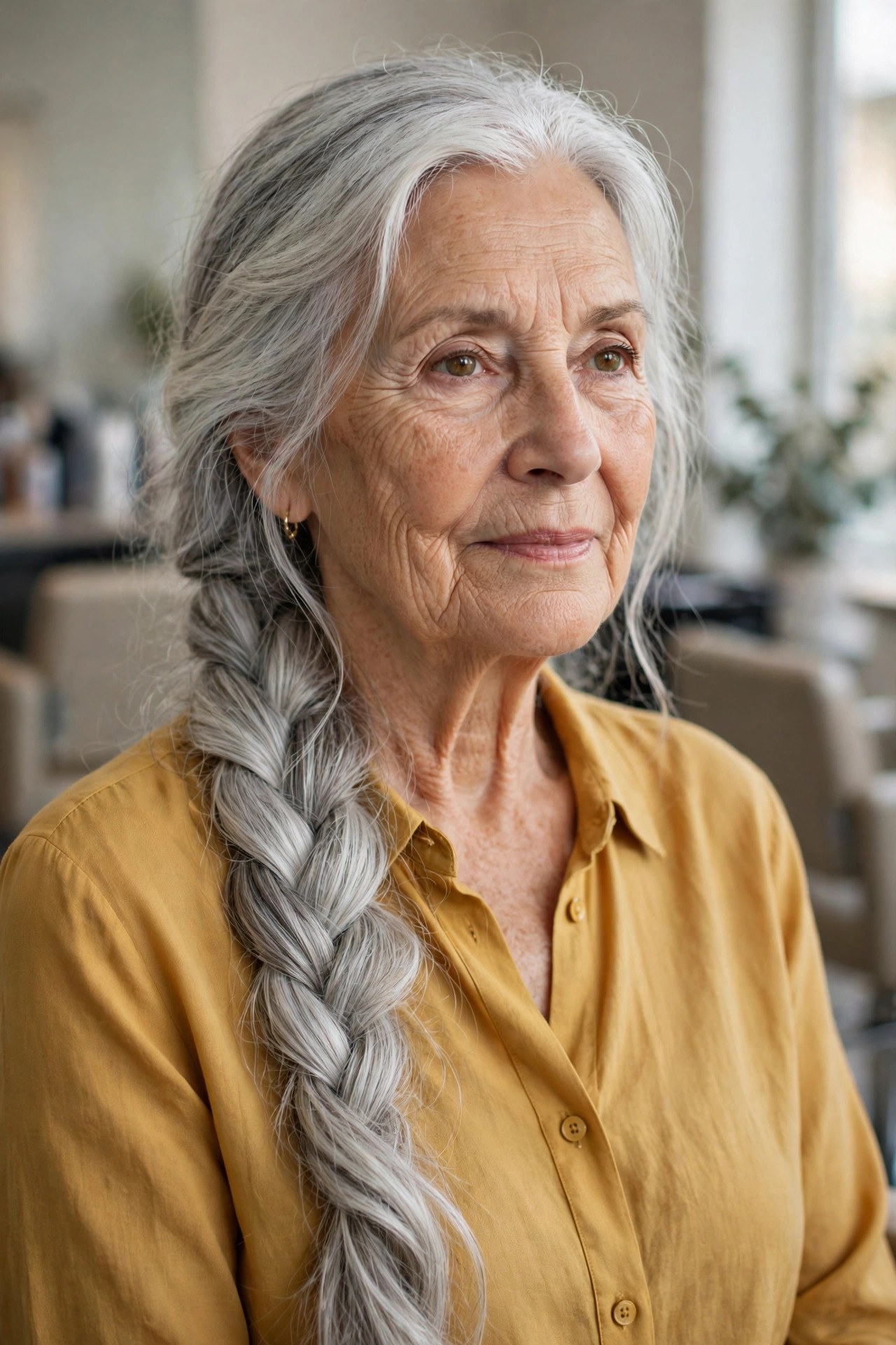 Loose Silver Fishtail Braid - long gray hairstyle for a woman over 60