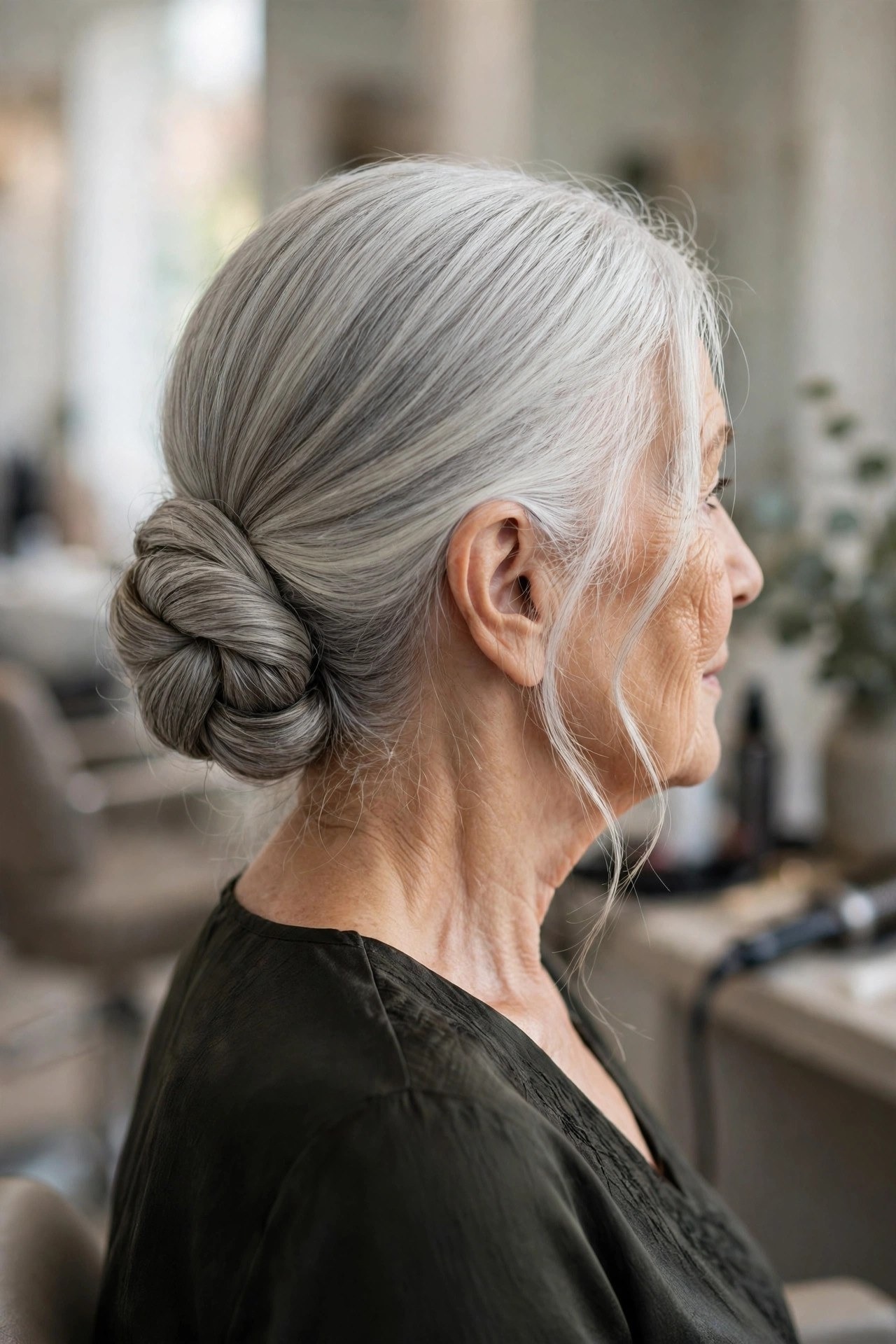 Low Chignon for Long Gray Hair - long gray hairstyle for a woman over 60